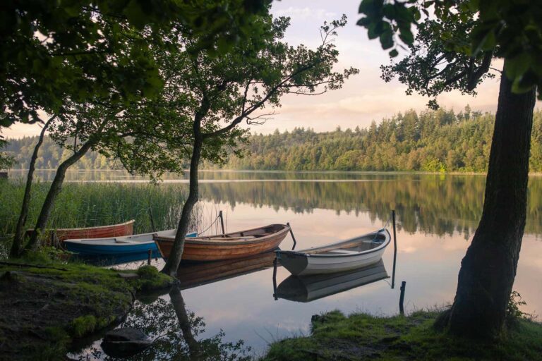Boote liegen ruhig in einem See mit Uferbegrünung.